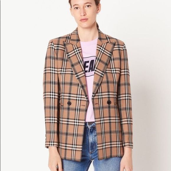 Sandro Jackets & Blazers - Sandro Sirene Camel Plaid Double-Breasted Blazer